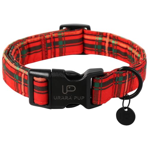 UP URARA PUP Weihnachts-Hundehalsband, verstellbar, kariert, mit Schnellverschluss, rotes Karomuster, Welpenhalsband für kleine, mittelgroße und große Hunde, XL, Halsumfang 40,6–66 cm von UP URARA PUP