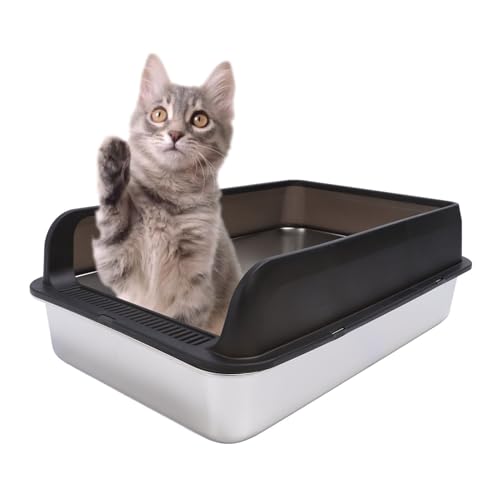 UPHIGHER XL Edelstahl-Katzentoilette, Katzentoilette mit hohen Seitenwänden, Schutz vor Spritzern, geruchlos, geschlossene Katzentoilette mit Deckel für große Katzen (Extra Large) von UPHIGHER