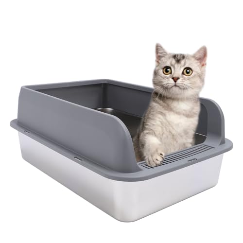 UPHIGHER XL Edelstahl-Katzentoilette, Katzentoilette mit hohen Seitenwänden, Schutz vor Spritzern, geruchlos, geschlossene Katzentoilette mit Deckel für große Katzen (Extra Large) von UPHIGHER