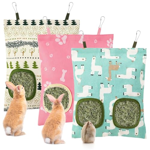 UPINS 3 Heusack für Kaninchen 2-Loch Hängender Heu Feeder Meerschweinchen Heu Taschen, Heu Futterspender für Kaninchen Chinchillas Hamster Kleine Haustiere und Tiere von UPINS