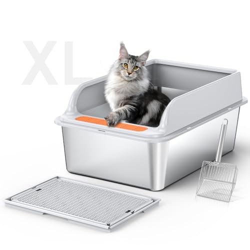 UPOTGP Katzentoilette aus Edelstahl, XL-Katzentoilette für große Katzen, 60 cm L x 40 cm B x 30,5 cm H, extra große Katzentoilette, hochseitig, auslaufsicher, antihaftbeschichtet, einfache Reinigung, von UPOTGP