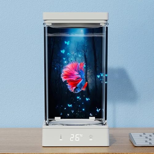 UPWONEC 1,4L Professional Betta Fischtank, Schmaler Schlankes Einzelnes Betta -Fischaquarium, Home Desk Top Decor Fischschale, Intelligente Temperaturregelung, Farbenfrohe LED -Lichtschalter von UPWONEC