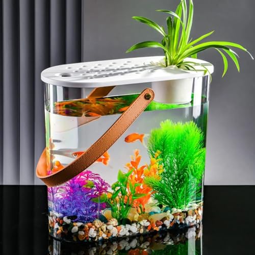 UPWONEC Home Slim Aquaponics Aquarium, Transparentes Büroaquarium, Tragbare Schmale Fischschale Mit Griff, Schlafzimmerdekor Statischer Fischbehälter, Schreibtisch-Wasserdekor, Leicht Zu Reinigen,B von UPWONEC