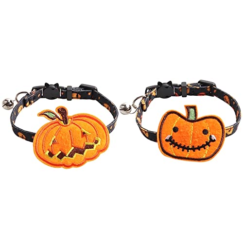 URCheers 2PCS Halloween Schwarze Hundehalsbänder für Katzen Verstellbare Kürbis-Geisterhalsbänder mit Glocke für kleine, mittlere und große Haustiere von URCheers