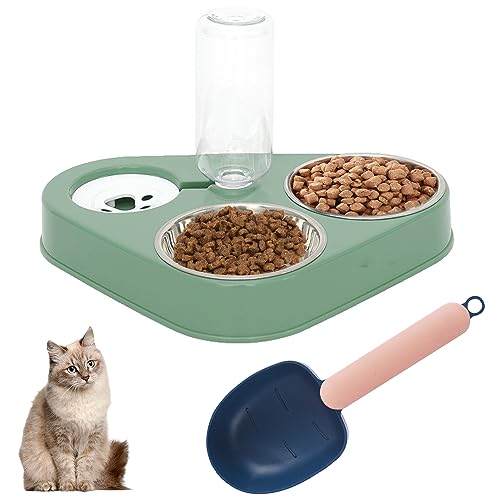 Katzennapf-Set, 3 in 1 Futternapf Katzen aus Edelstahl, Katzenfutternäpfe Hoch mit Automatischem Wasserspender, Doppelnapf Katzen mit Schaufel für Kleine und Mittelgroße Hunde und Katzen (Grün) von USYSGT