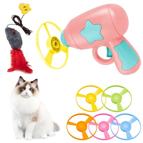 USYSGT Cat Fetch Toy, Haustier Spielzeug Fliegender Propeller Disc Katzenspielzeug Chasing Untertasse mit 1 Launchers und 5 Zufällige Farbe Propellers Interactive Spielzeug für Katzen von USYSGT