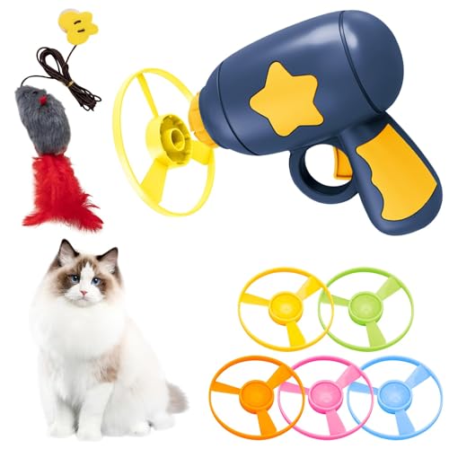 USYSGT Cat Fetch Toy, Haustier Spielzeug Fliegender Propeller Disc Katzenspielzeug Chasing Untertasse mit 1 Launchers und 5 Zufällige Farbe Propellers Interactive Spielzeug für Katzen von USYSGT