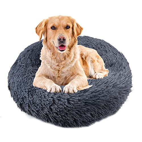 UUEMB 90cm Rund Hundebett Katzenbett, Plüsch Flauschig Hundekorb Katzenkissen Kuscheliges Donut, Waschbar Warm Hundekissen für Mittelgroße und Große Hunde, Katzen und Andere Haustiere (Dunkelgrau) von UUEMB