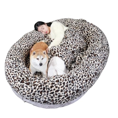 UVIPC Hundebett, 183 x 109 x 27 cm, großer Sitzsack für Menschen, für Menschen und Haustiere, waschbares Fell-Hundebett in menschlicher Größe, mit weicher Decke und Kissen, Leopardenmuster von UVIPC