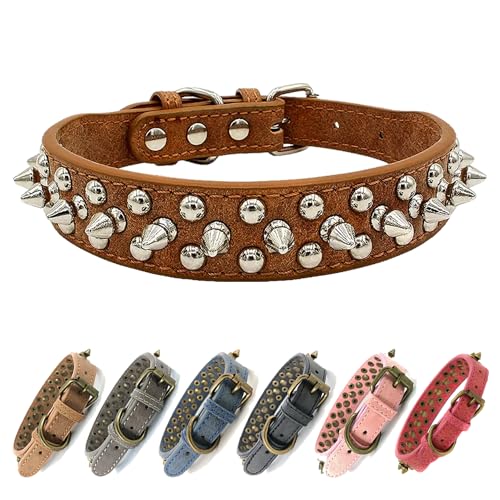 Anti-Biss-Hundehalsband mit Spikes Nieten Verstellbares, stilvolles Hundehalsband aus Leder für kleine, mittlere und große Welpenhunde (Braun,L) von UVONOKAY