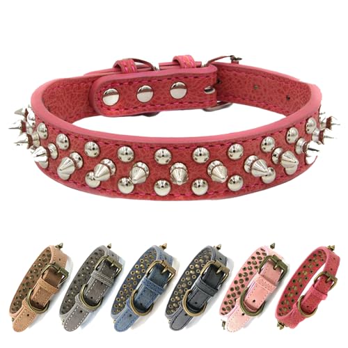 Anti-Biss-Hundehalsband mit Spikes Nieten Verstellbares, stilvolles Hundehalsband aus Leder für kleine, mittlere und große Welpenhunde (Glänzende Nägel,rot,XL) von UVONOKAY