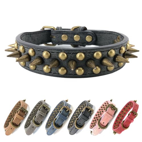 Anti-Biss-Hundehalsband mit Spikes Nieten Verstellbares, stilvolles Hundehalsband aus Leder für kleine, mittlere und große Welpenhunde (Runde Nägel,Grün,S) von UVONOKAY