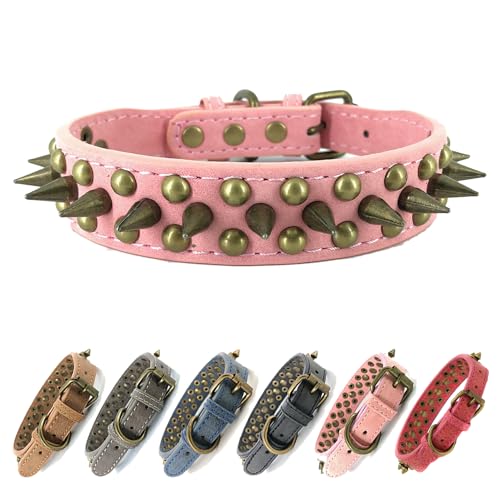 Anti-Biss-Hundehalsband mit Spikes Nieten Verstellbares, stilvolles Hundehalsband aus Leder für kleine, mittlere und große Welpenhunde (Runde Nägel,rot,L) von UVONOKAY