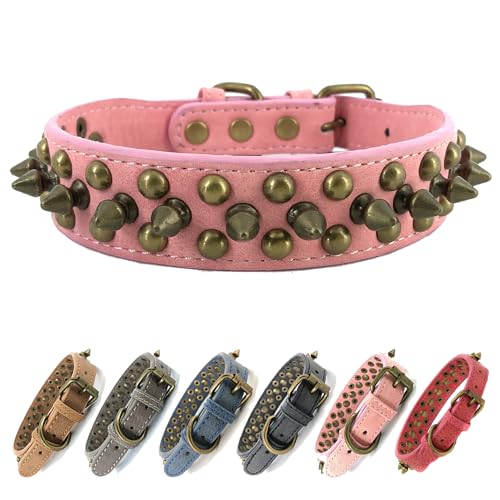 Hundehalsband mit Nieten, bronzefarben, runde Nieten, Anti-Bisshalsband (Rosa, S) von UVONOKAY