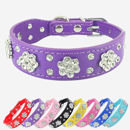 Hundehalsband mit Strass-Blume, funkelndes Leder, für kleine und mittelgroße Hunde (Lila, M) von UVONOKAY