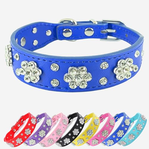 Hundehalsband mit Strass-Blume, glitzerndes Leder, für kleine und mittelgroße Hunde (Dunkelblau, S) von UVONOKAY