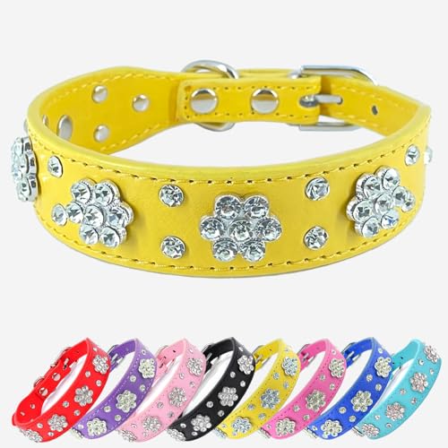 Hundehalsband mit Strass-Blume, glitzerndes Leder, für kleine und mittelgroße Hunde (Gelb, S) von UVONOKAY