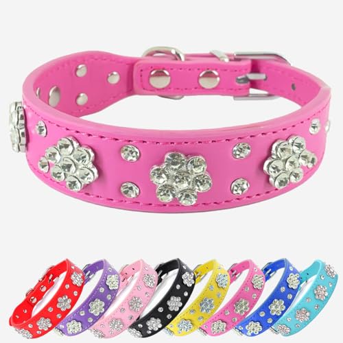 Hundehalsband mit Strass-Blume, glitzerndes Leder, für kleine und mittelgroße Hunde (Rosarot, M) von UVONOKAY