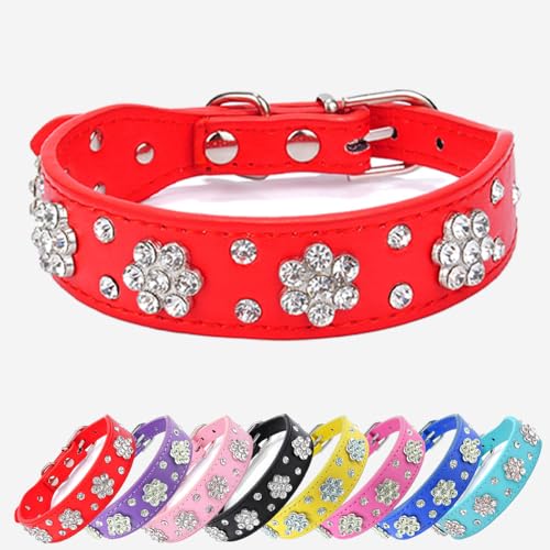 Hundehalsband mit Strass-Blume, glitzerndes Leder, verstellbar und langlebig, für kleine und mittelgroße Hunde (Rot, S) von UVONOKAY