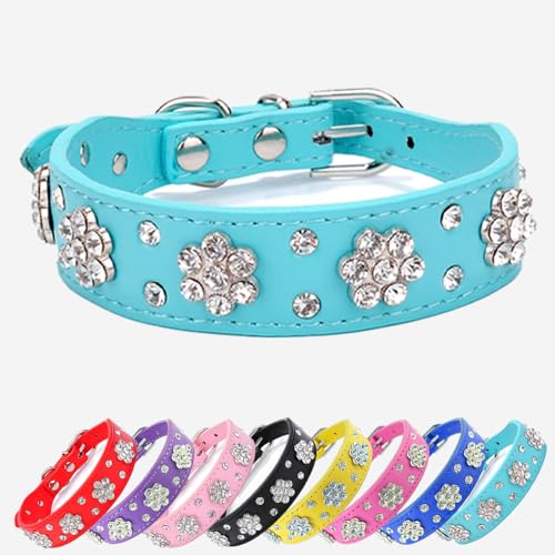 Schönes Hundehalsband mit Bling Bling Strasssteinen-Diamantblumenmuster ( Blau M )-geeignet für kleine und mittelgroße Hunde von UVONOKAY