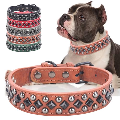 Stilvolles Hundehalsband aus PU-Leder mit Schnalle aus Legierung, schwarze Diamantnieten, verstellbar, langlebig für kleine, mittelgroße und große Hunde - Braun, L von UVONOKAY