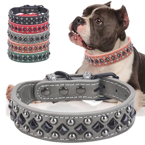 Stilvolles Hundehalsband aus PU-Leder mit Schnalle aus Legierung, schwarze Diamantnieten, verstellbar, langlebig für kleine, mittelgroße und große Hunde - Grau L von UVONOKAY