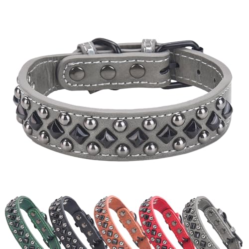 Stilvolles Hundehalsband aus PU-Leder mit Schnalle aus Legierung, schwarze Diamantnieten, verstellbar, langlebig für kleine, mittelgroße und große Hunde - Grau S von UVONOKAY