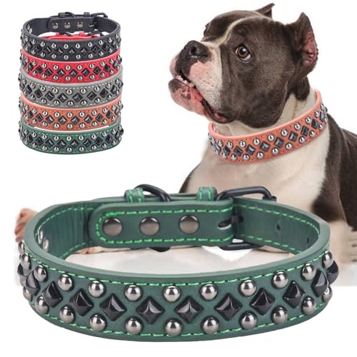 Stilvolles Hundehalsband aus PU-Leder mit Schnalle aus Legierung, schwarze Diamantnieten, verstellbar, langlebig für kleine, mittelgroße und große Hunde - Grün L von UVONOKAY