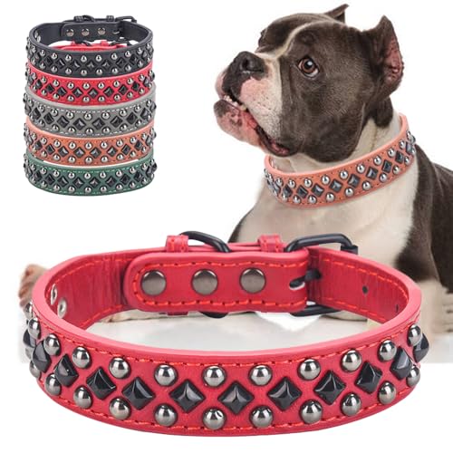 Stilvolles Hundehalsband aus PU-Leder mit Schnalle aus Legierung, schwarze Diamantnieten, verstellbar, langlebig für kleine, mittelgroße und große Hunde - Rot, L von UVONOKAY