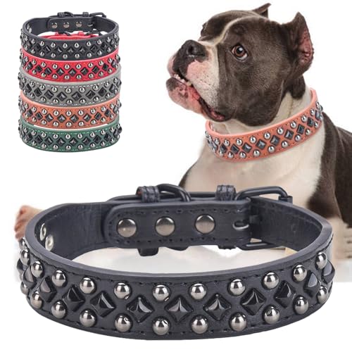 Stilvolles Hundehalsband aus PU-Leder mit Schnalle aus Legierung, schwarze Diamantnieten, verstellbar, langlebig für kleine, mittelgroße und große Hunde - Schwarz L von UVONOKAY