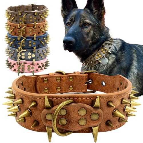 The Mighty Hundehalsband, mit Nieten, für mittelgroße und große Hunde, Größe L, Braun von UVONOKAY