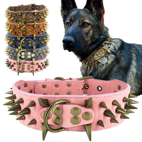 The Mighty Hundehalsband, mit Nieten, für mittelgroße und große Hunde, Größe L, Rosa von UVONOKAY