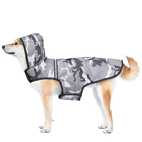 UVTQSSP Hunde-Regenmantel, reflektierende Hundejacke mit Kapuze, wasserdicht, mit Leinenloch, leicht, atmungsaktiv, Poncho für mittelgroße und große Hunde, Camouflage, Grau, XXL von UVTQSSP