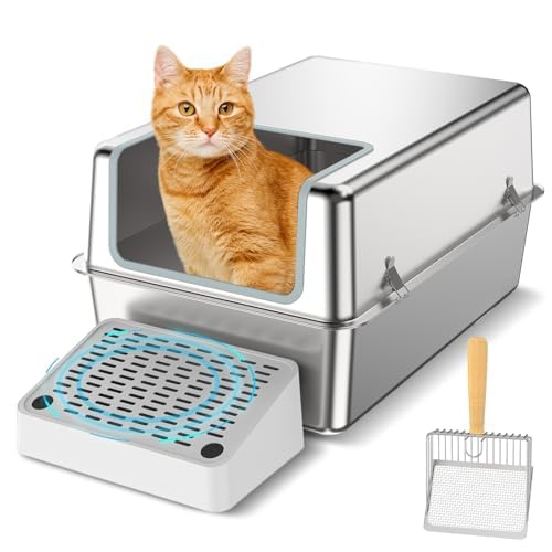 Katzentoilette aus Edelstahl mit Deckel, Geschlossene Metalltoilette, XL Extra große Katzentoilette mit Schaufel und Filterpedal, nicht klebrige High Side Kitty Katzentoilette von UWANGPET