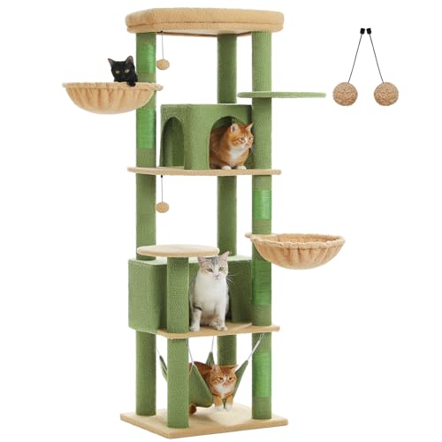 UYMI Kratzbaum für Indoor-Katzen, groß, 181,1 cm, mehrstufiger Katzenturm mit 2 geräumigen Höhlen, 3 Hängematten, super große Sitzstange, 2 Pompons, Grün von UYMI