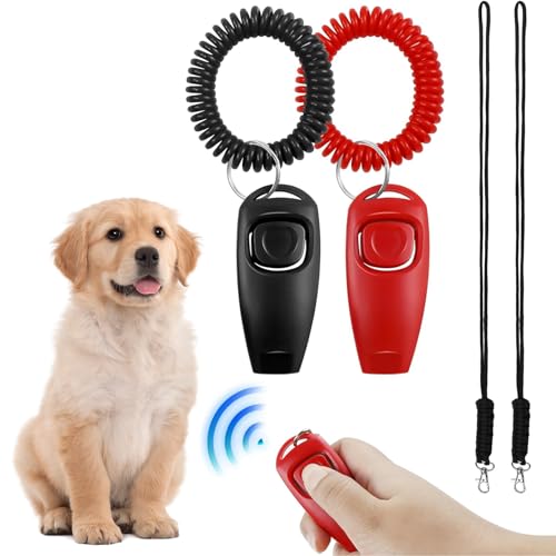 UZSUZZ Professionelles Hundetrainingsset, 2 in 1 Hundepfeife Rückruftraining, mit Handschlaufe, Schlüsselband, Hundepfeife Rückruftraining, Haustiertraining Clicker und Pfeife (2 Pack, Rot & Schwarz) von UZSUZZ