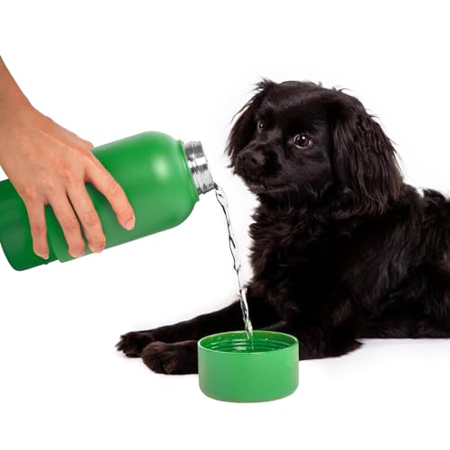 Ubbi Pup & Me Stainless Steel Insulated Portable 32 oz. Water Bottle for Dogs and Owners with Attached Dog Bowl, Green von Ubbi