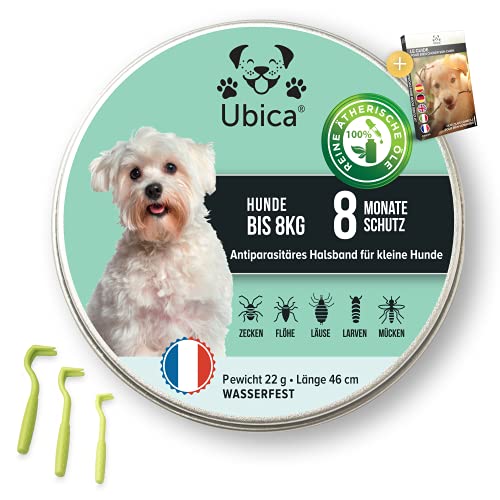 Ubica® Flohhalsband Hunde - Zeckenhalsband für Hunde - Flohmittel Hund (< 8kg) - Formel mit ätherischen Ölen (Zitronengras) -100% WASSERDICHT - 3 Zeckenklammern und EBOOK Gratis. von Ubica