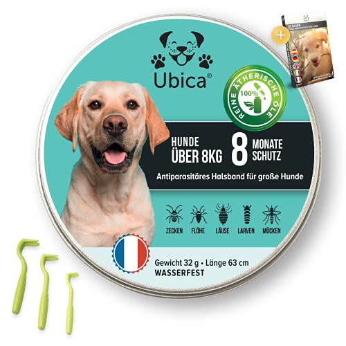 Ubica® Flohhalsband Hunde - Zeckenhalsband für Hunde - Flohmittel Hund (> 8kg) - Formel mit ätherischen Ölen (Zitronengras) - 100% WASSERDICHT - 3 Zeckenklammern und EBOOK Gratis. von Ubica