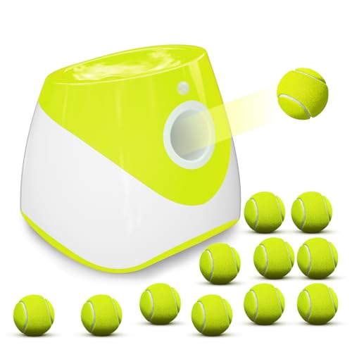 Automatischer Hundeballwerfer Launcher mit 12 Packungen Tennisbällen, wiederaufladbarer Ballwerfer Werferabstand 3 - 9 m, interaktives Hunde-Apportiermaschinenspielzeug für kleine Hunde (Hellgrün) von Ubistar
