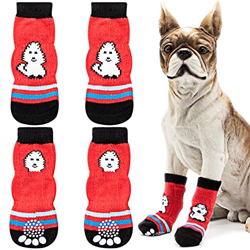 Udebohe Hundesocken für kleine, mittelgroße und große Hunde (4 Stück), weich, atmungsaktiv, niedlich, rutschfest, Hundepfotenschutz, gestrickte Haustiersocken, Traktionskontrolle für den Innenbereich von Udebohe