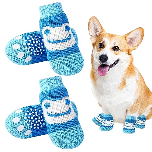 Udebohe Hundesocken für kleine Hunde und Welpen (4 Stück), weich, atmungsaktiv, niedlich, rutschfest, Hundepfotenschutz, hochdehnbar, gestrickte Haustiersocken, Traktionskontrolle für den von Udebohe