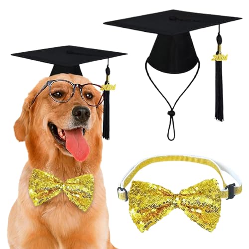 Uhngw Hut und Kleid für Hunde – bequemer, verstellbarer Abschlusshut mit Fliege, multifunktionales Polyester, stilvolle Hunde-Outfits für Abschlussfeier, Partyzubehör von Uhngw