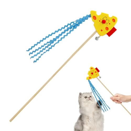 Uhngw Katzen-Angelrute-Spielzeug, interaktives Katzen-Zauberstab-Spielzeug, Buntes Käse-Puffreis-Katzenstab-Spielzeug, 54 cm lustiges Katzenspielzeug mit Schnur, Katzenzubehör für kleine, mittelgroße von Uhngw