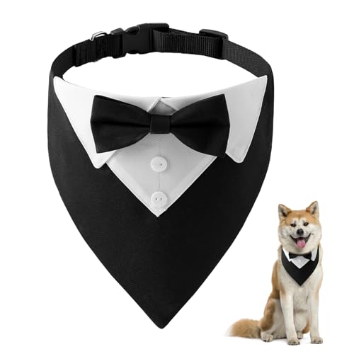 UieaMsio Hunde Smoking Bandana, Hund Tuxedo Baumwolle Bandana Hundehochzeitshalsband, Verstellbar Krawatte Haustier Anzug Fliege Bandana für Hochzeit Geburtstag (L) von UieaMsio