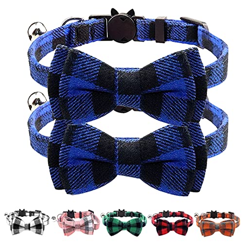 Uiopa 2 Stück Katzenhalsband mit Sicherheitsverschluss, Katzen Halsband Hund Welpenhalsband mit Glöckchen und Schleife, Karomustern Hundehalsband für Kleine Hunde und Katze (Blau und Schwarz) von Uiopa