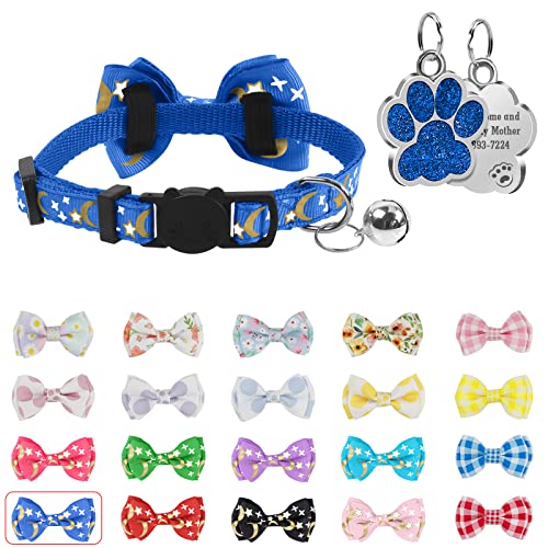 Uiopa Halsband Katze Personalisiert, Enthalten Prickelnde Hundemarke Gravur mit Namen und Telefonnummer, Katzenhalsband mit Sicherheitsverschluss und Fliege, Verstellbar Halsbänder 22-29cm von Uiopa