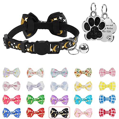 Uiopa Halsband Katze Personalisiert, Enthalten Prickelnde Hundemarke Gravur mit Namen und Telefonnummer, Katzenhalsband mit Sicherheitsverschluss und Fliege, Verstellbar Halsbänder 22-29cm von Uiopa