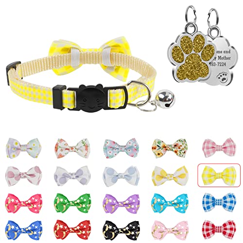 Uiopa Halsband Katze Personalisiert, Enthalten Prickelnde Hundemarke Gravur mit Namen und Telefonnummer, Katzenhalsband mit Sicherheitsverschluss und Fliege, Verstellbar Halsbänder 22-29cm von Uiopa