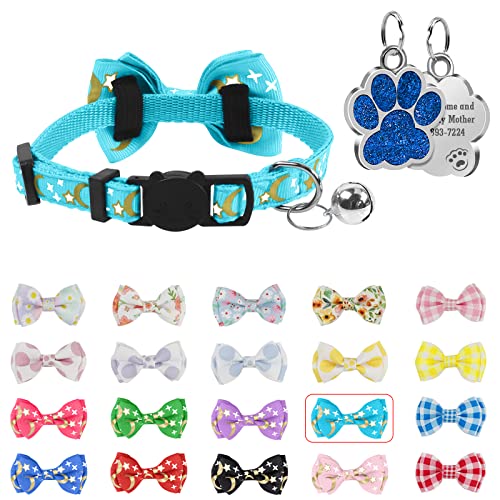 Uiopa Halsband Katze Personalisiert, Enthalten Prickelnde Hundemarke Gravur mit Namen und Telefonnummer, Katzenhalsband mit Sicherheitsverschluss und Fliege, Verstellbar Halsbänder 22-29cm von Uiopa